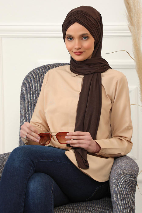 Instant Shawl for Women Shirred Cotton Head Wrap Head Scarf Modesty Turban Headwear,CPS-44 Brown