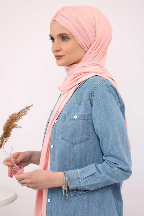 Instant Shawl for Women Shirred Cotton Head Wrap Head Scarf Modesty Turban Headwear,CPS-44 Powder