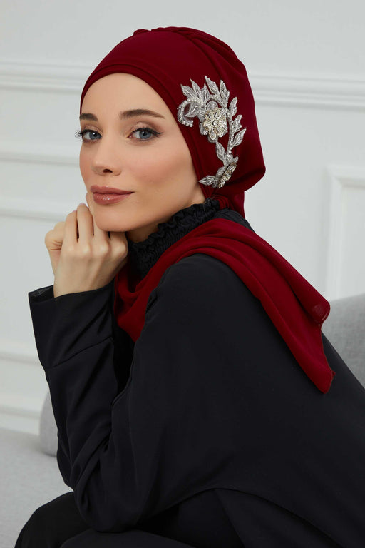 Instant Turban Chiffon Scarf Head Turbans with Gorgeous Unique Jewellery Stone Accessory For Women Headwear Stylish Elegant Design,HT-104 Maroon