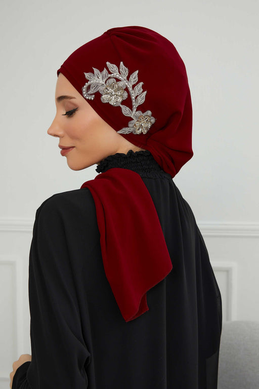 Instant Turban Chiffon Scarf Head Turbans with Gorgeous Unique Jewellery Stone Accessory For Women Headwear Stylish Elegant Design,HT-104 Maroon