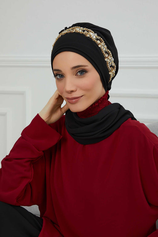 Instant Turban Chiffon Scarf Head Turbans with Unique Accessory For Women Headwear Stylish Elegant Design,HT-101 Black-Gold