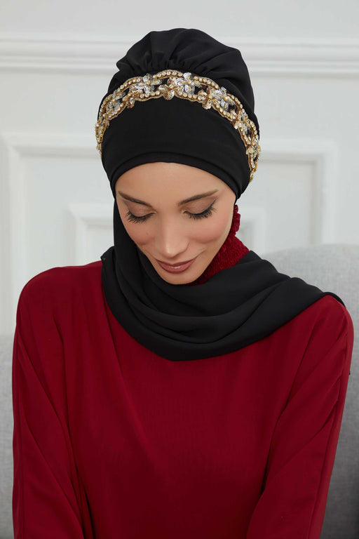 Instant Turban Chiffon Scarf Head Turbans with Unique Accessory For Women Headwear Stylish Elegant Design,HT-101 Black-Gold