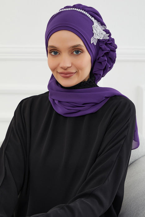 Instant Turban Chiffon Scarf Head Turbans with Unique Flower Accessory and Gorgeous Handmade Detail For Women Headwear Stylish Elegant Design Hijab,HT-62