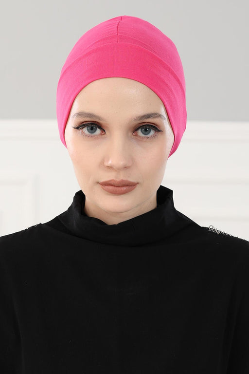 Super Tight Cotton Inner Bonnet Cap, High Quality Easy Wrap Instant Underneath Bonnet for Women, Flexible 95% Cotton Chemo Headwear Cap,B-37 Fuchsia