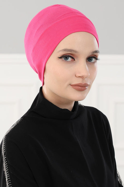 Super Tight Cotton Inner Bonnet Cap, High Quality Easy Wrap Instant Underneath Bonnet for Women, Flexible 95% Cotton Chemo Headwear Cap,B-37 Fuchsia