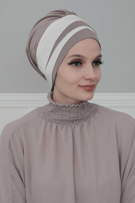 Multi-layered Two Colors Cotton Instant Turban, Lightweight Fashionable Headscarf for Women, Easy to Wear Cotton Chemo Headwear,B-65 Mink - Ivory