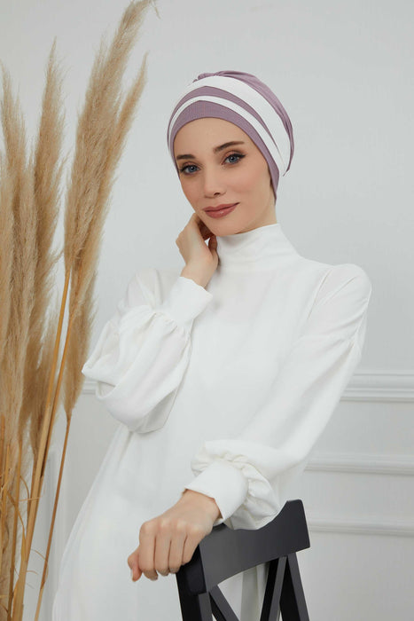 Multi-layered Two Colors Cotton Instant Turban, Lightweight Fashionable Headscarf for Women, Easy to Wear Cotton Chemo Headwear,B-65 Lilac-Ivory