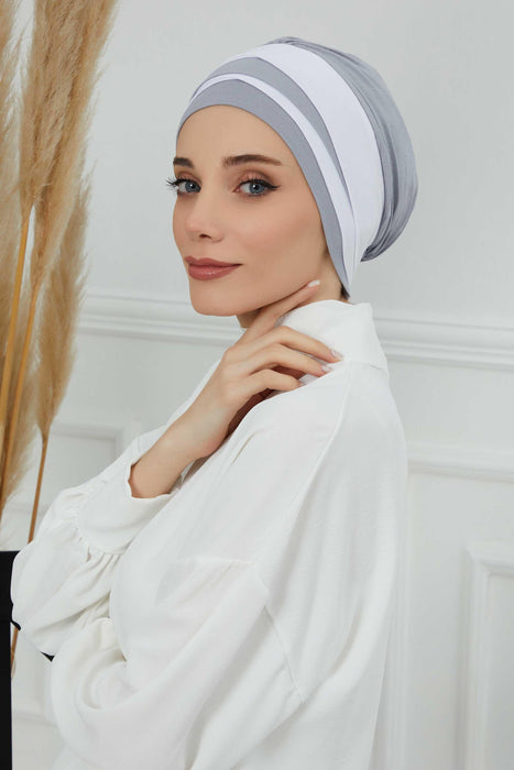 Multi-layered Two Colors Cotton Instant Turban, Lightweight Fashionable Headscarf for Women, Easy to Wear Cotton Chemo Headwear,B-65 Grey 2 -White