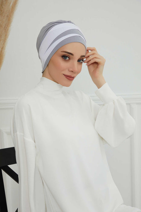 Multi-layered Two Colors Cotton Instant Turban, Lightweight Fashionable Headscarf for Women, Easy to Wear Cotton Chemo Headwear,B-65 Grey 2 -White