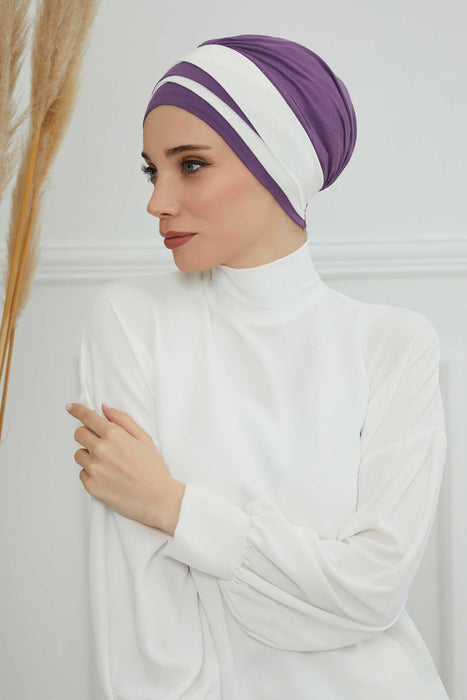 Multi-layered Two Colors Cotton Instant Turban, Lightweight Fashionable Headscarf for Women, Easy to Wear Cotton Chemo Headwear,B-65 Purple 2 - Ivory