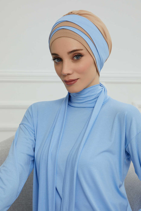 Multi-layered Two Colors Cotton Instant Turban, Lightweight Fashionable Headscarf for Women, Easy to Wear Cotton Chemo Headwear,B-65 Sand Brown- Blue