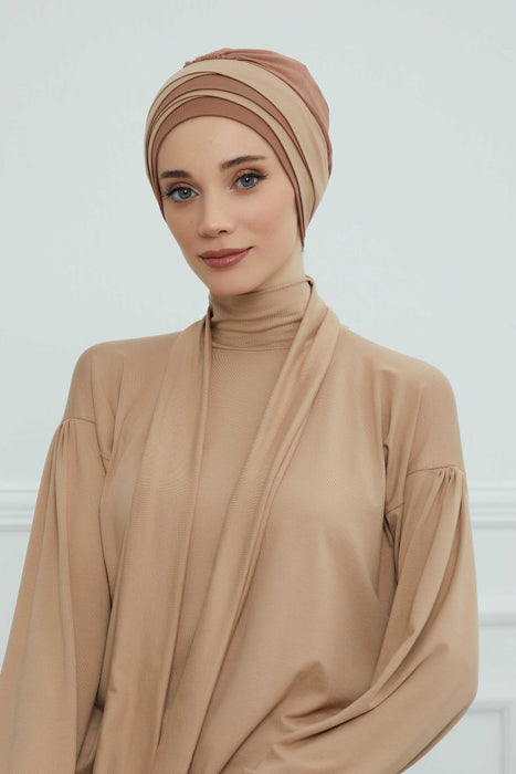 Multi-layered Two Colors Cotton Instant Turban, Lightweight Fashionable Headscarf for Women, Easy to Wear Cotton Chemo Headwear,B-65 Caramel Brown-Sand Brown