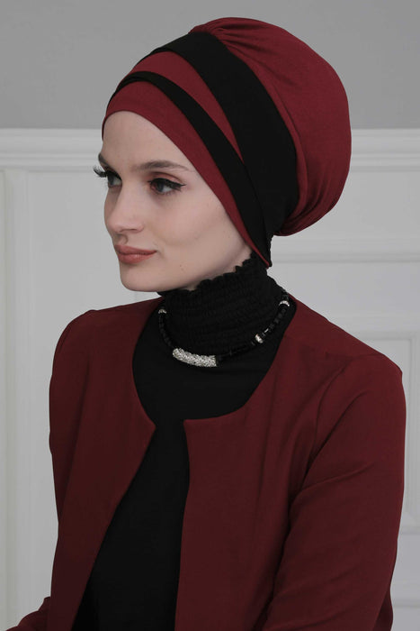 Multi-layered Two Colors Cotton Instant Turban, Lightweight Fashionable Headscarf for Women, Easy to Wear Cotton Chemo Headwear,B-65 Maroon - Black