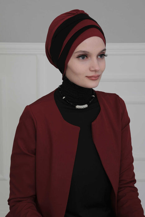 Multi-layered Two Colors Cotton Instant Turban, Lightweight Fashionable Headscarf for Women, Easy to Wear Cotton Chemo Headwear,B-65 Maroon - Black