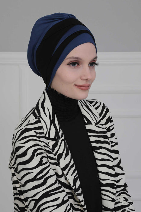 Multi-layered Two Colors Cotton Instant Turban, Lightweight Fashionable Headscarf for Women, Easy to Wear Cotton Chemo Headwear,B-65 Sax Blue - Black