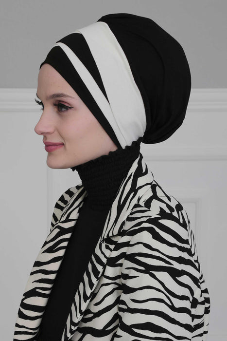 Multi-layered Two Colors Cotton Instant Turban, Lightweight Fashionable Headscarf for Women, Easy to Wear Cotton Chemo Headwear,B-65 Black - Ivory