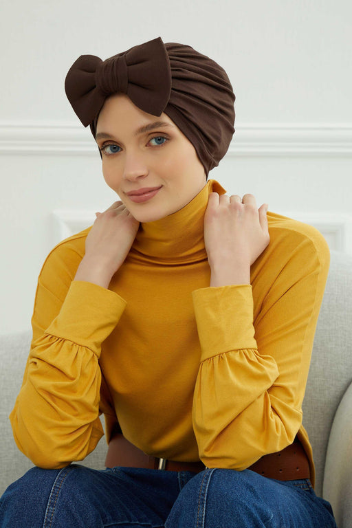 Plain Cotton Instant Turban with a Removable Big Bowtie, Chic Bonnnet Scarf Head Wrap for Women, Comfortable and Stylish Chemo Headwear,B-27 Sand Brown