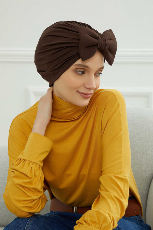 Plain Cotton Instant Turban with a Removable Big Bowtie, Chic Bonnnet Scarf Head Wrap for Women, Comfortable and Stylish Chemo Headwear,B-27 Sand Brown