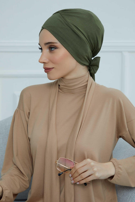 Plain Instant Turban Cotton Scarf Head Wrap, Belted Turban Bonnet for Women, Chic Design Instant Turban Hijab, Plain Chemo Bonnet Cap,B-31 Army Green