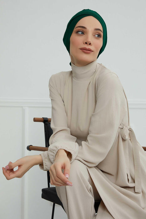 Plain Instant Turban Cotton Scarf Head Wrap, Belted Turban Bonnet for Women, Chic Design Instant Turban Hijab, Plain Chemo Bonnet Cap,B-31 Green