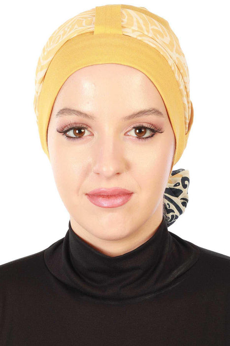 Turban Bonnet Cap with Long Patterned Chiffon Belt, Stylish Cotton Instant Turban, Removable Chiffon Belted Turban Scarf Headwrap,B-36D Navy Blue - Navy Blue Yellow