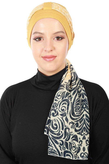 Turban Bonnet Cap with Long Patterned Chiffon Belt, Stylish Cotton Instant Turban, Removable Chiffon Belted Turban Scarf Headwrap,B-36D Navy Blue - Navy Blue Yellow