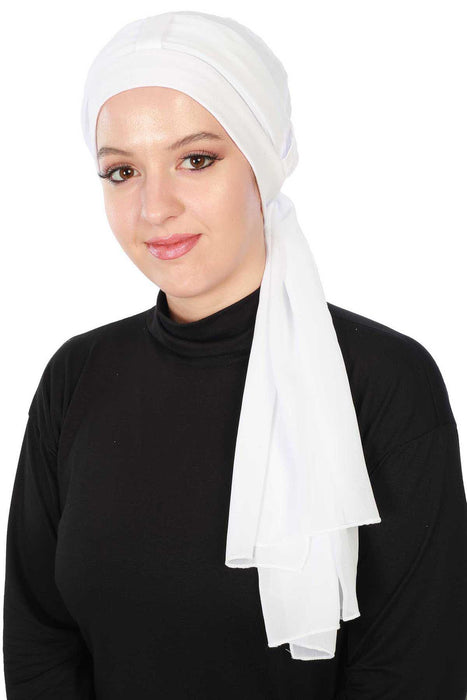 Cotton Instant Turban with Chiffon Band, Lightweight Multicolor Pre-tied Turban Bonnet Cap for Women, Stylish Belted Turban for Hijab,B-36 White