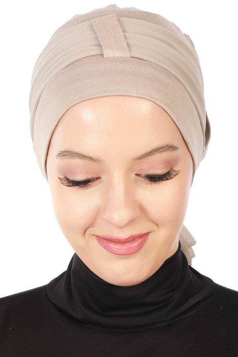 Cotton Instant Turban with Chiffon Band, Lightweight Multicolor Pre-tied Turban Bonnet Cap for Women, Stylish Belted Turban for Hijab,B-36 Mink - Mink