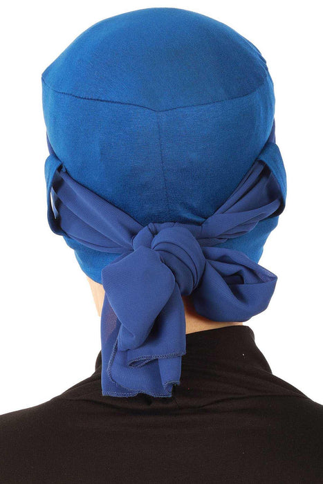 Cotton Instant Turban with Chiffon Band, Lightweight Multicolor Pre-tied Turban Bonnet Cap for Women, Stylish Belted Turban for Hijab,B-36 Sax Blue