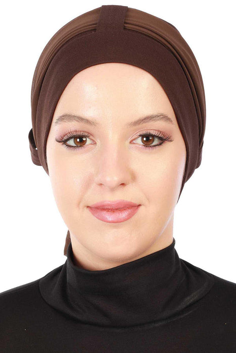 Cotton Instant Turban with Chiffon Band, Lightweight Multicolor Pre-tied Turban Bonnet Cap for Women, Stylish Belted Turban for Hijab,B-36 Brown