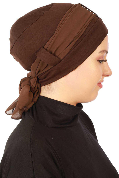 Cotton Instant Turban with Chiffon Band, Lightweight Multicolor Pre-tied Turban Bonnet Cap for Women, Stylish Belted Turban for Hijab,B-36 Brown