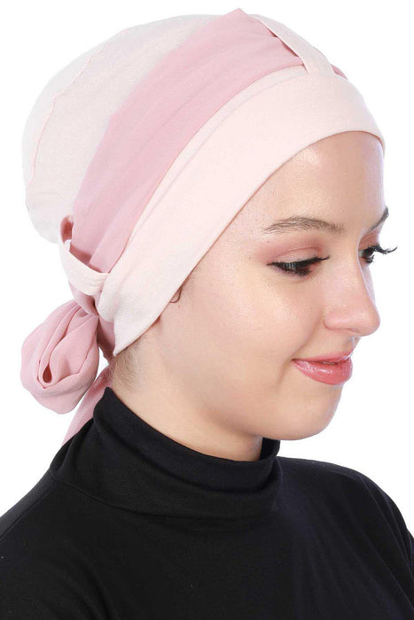 Cotton Instant Turban with Chiffon Band, Lightweight Multicolor Pre-tied Turban Bonnet Cap for Women, Stylish Belted Turban for Hijab,B-36 Powder