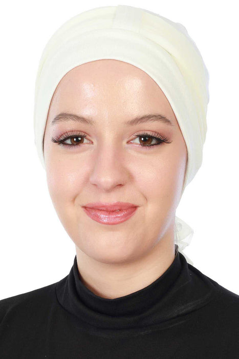 Cotton Instant Turban with Chiffon Band, Lightweight Multicolor Pre-tied Turban Bonnet Cap for Women, Stylish Belted Turban for Hijab,B-36 Ivory