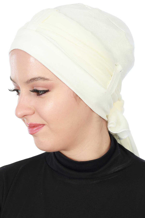 Cotton Instant Turban with Chiffon Band, Lightweight Multicolor Pre-tied Turban Bonnet Cap for Women, Stylish Belted Turban for Hijab,B-36 Ivory