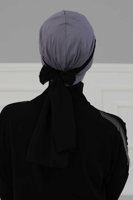Dual Tone Instant Turban Bonnet with Chiffon Band, Fashionable Muslim Head Covering for Women, Ready-to-Wear Versatile Women Head Wrap,B-24
