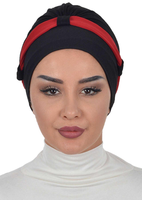 Dual Tone Instant Turban Bonnet with Chiffon Band, Fashionable Muslim Head Covering for Women, Ready-to-Wear Versatile Women Head Wrap,B-24