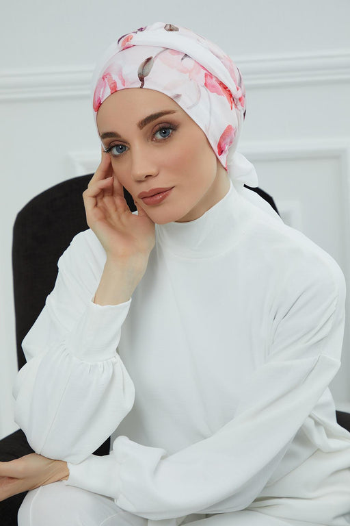 Instant Turban Cotton Scarf Head Wrap with Chiffon Headband, Lightweight Multicolor Headwear Bonnet Cap with Various Pattern Options,B-24YD Rose Garden - White