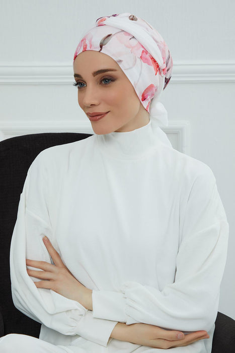 Instant Turban Cotton Scarf Head Wrap with Chiffon Headband, Lightweight Multicolor Headwear Bonnet Cap with Various Pattern Options,B-24YD Rose Garden - White