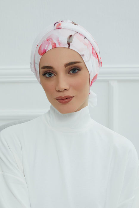 Instant Turban Cotton Scarf Head Wrap with Chiffon Headband, Lightweight Multicolor Headwear Bonnet Cap with Various Pattern Options,B-24YD Rose Garden - White