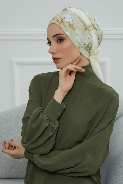 Instant Turban Cotton Scarf Head Wrap with Chiffon Headband, Lightweight Multicolor Headwear Bonnet Cap with Various Pattern Options,B-24YD Whispering Blooms - Ivory