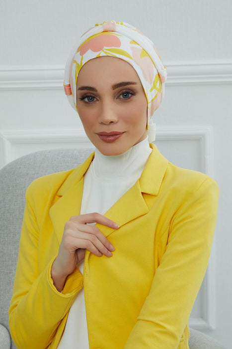 Instant Turban Cotton Scarf Head Wrap with Chiffon Headband, Lightweight Multicolor Headwear Bonnet Cap with Various Pattern Options,B-24YD Floral Sunrise - White
