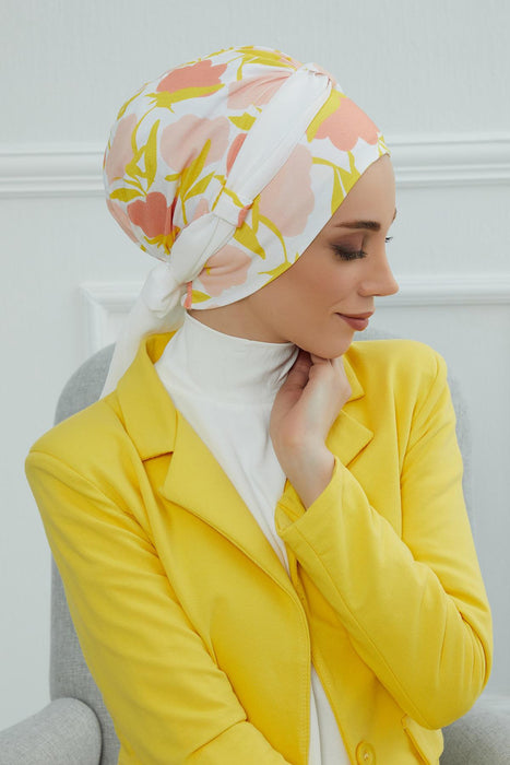Instant Turban Cotton Scarf Head Wrap with Chiffon Headband, Lightweight Multicolor Headwear Bonnet Cap with Various Pattern Options,B-24YD Floral Sunrise - White