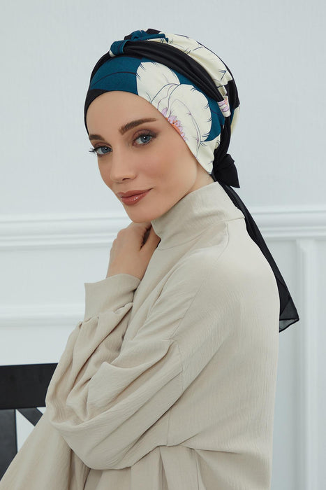Instant Turban Cotton Scarf Head Wrap with Chiffon Headband, Lightweight Multicolor Headwear Bonnet Cap with Various Pattern Options,B-24YD Midnight Blossoms - Black