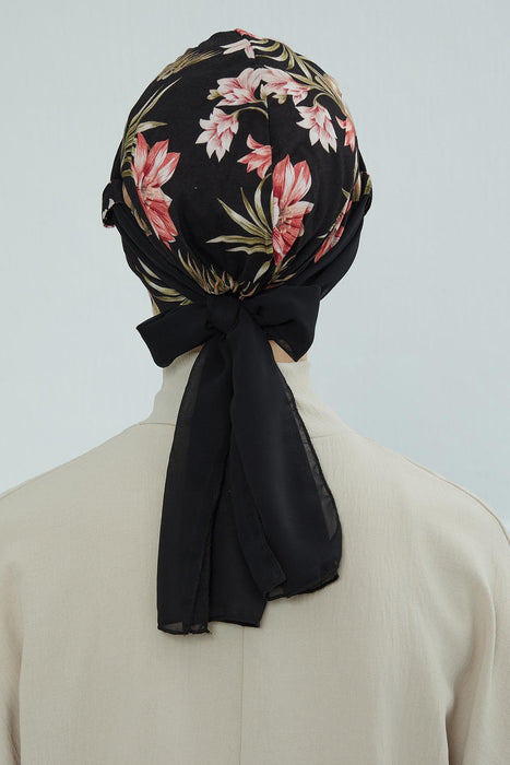 Instant Turban Cotton Scarf Head Wrap with Chiffon Headband, Lightweight Multicolor Headwear Bonnet Cap with Various Pattern Options,B-24YD Dark Forest - Black