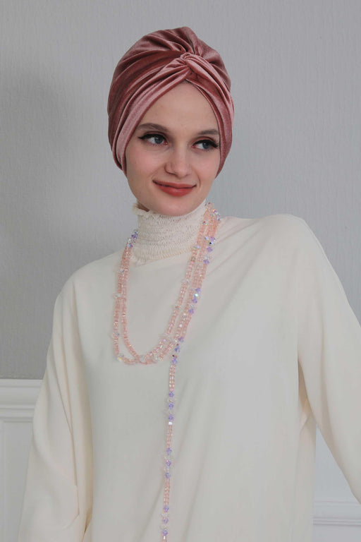 Velvet Maharajah-Style Instant Turban Hijab for Women, Elegant Pre-Tied Velvet Headwrap, Luxurious Lightweight Modest Hijab Headwear,B-4K Dusty Rose