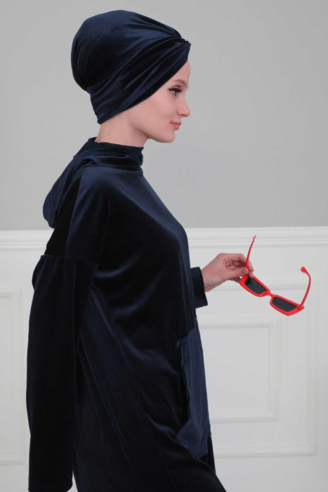 Velvet Maharajah-Style Instant Turban Hijab for Women, Elegant Pre-Tied Velvet Headwrap, Luxurious Lightweight Modest Hijab Headwear,B-4K Navy Blue