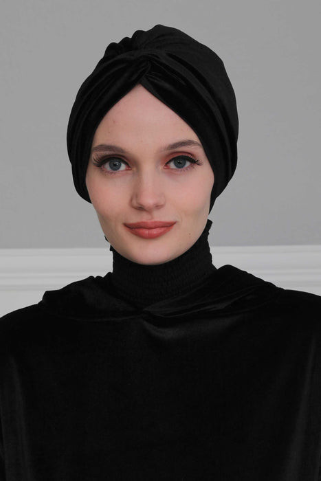 Velvet Maharajah-Style Instant Turban Hijab for Women, Elegant Pre-Tied Velvet Headwrap, Luxurious Lightweight Modest Hijab Headwear,B-4K Black