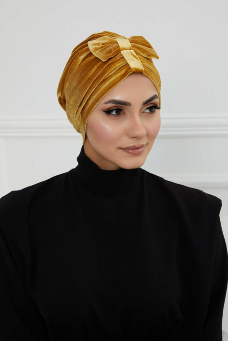 Velvet Bowtie Instant Turban Hijab Luxurious Velour Headwrap with Elegant Bow Detail, Comfortable & Fashionable Headwrap for Women,B-7K Mustard Yellow