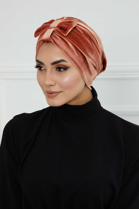 Velvet Bowtie Instant Turban Hijab Luxurious Velour Headwrap with Elegant Bow Detail, Comfortable & Fashionable Headwrap for Women,B-7K Salmon