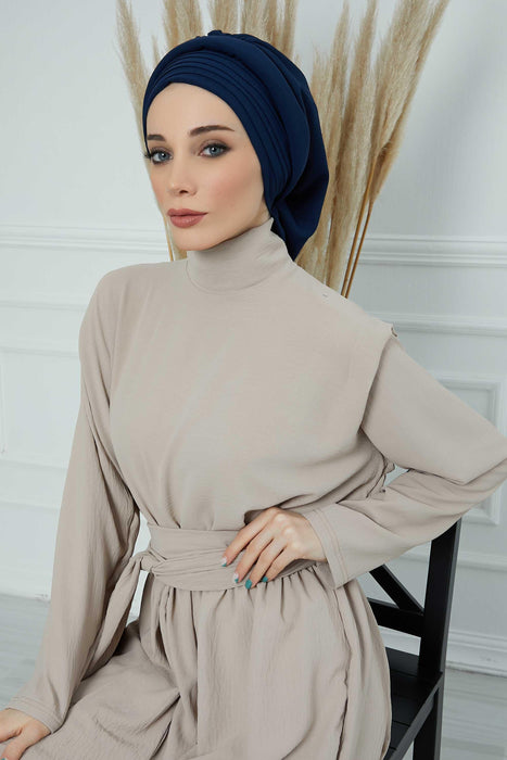 Instant Turban Hijab Pleated Lightweight Aerobin Scarf Head Turbans For Women Headwear Stylish Elegant Design Hear Wrap,HT-108A Navy Blue